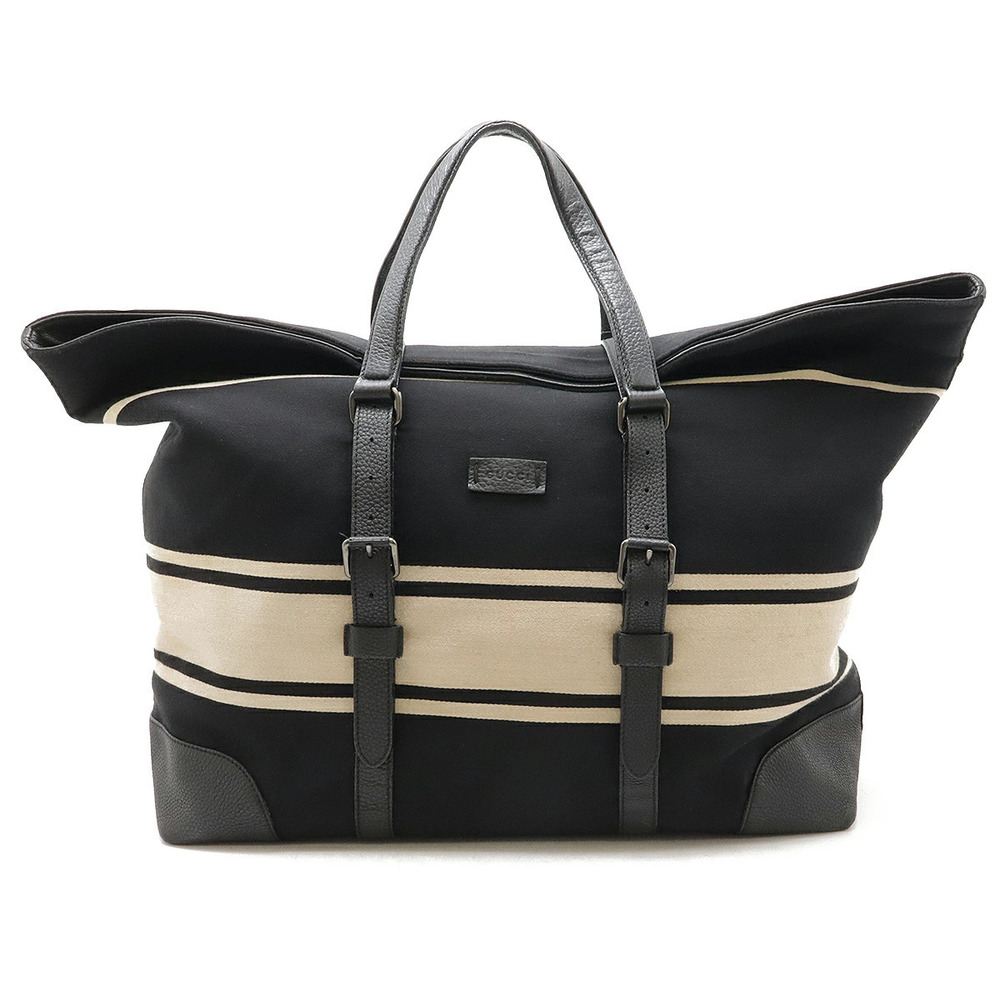 Gucci Duffle Bag Boston Travel Striped Wool Canvas Leather Black Beige Cream